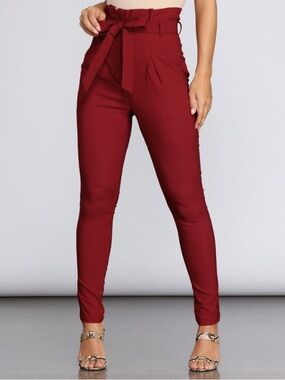 Windsor Burgundy Tie-Waist Paperbag Pants